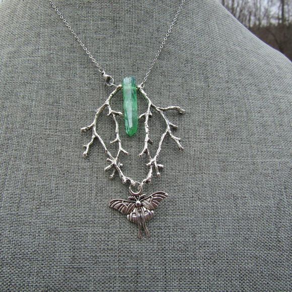 Forest Witch Quartz Branch Moth Statement Necklace Woods - Picture 5 of 6